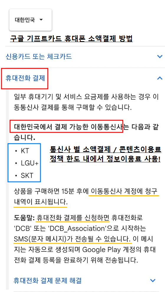 구글 기프트카드 lg kt skt 소액결제